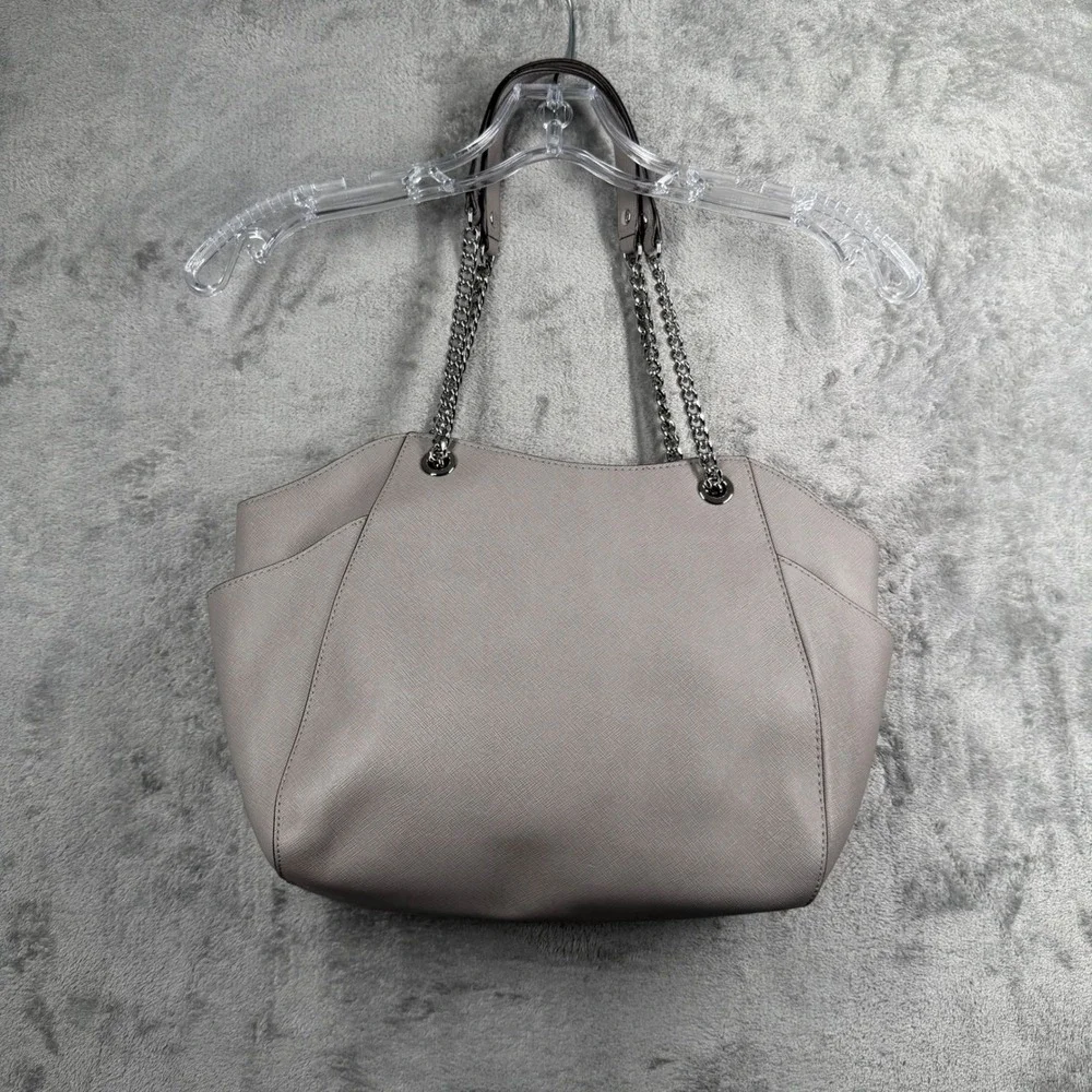 Michael Kors Jet Set Medium Chain Shoulder Tote Bag Gray Silver Metallic Classic